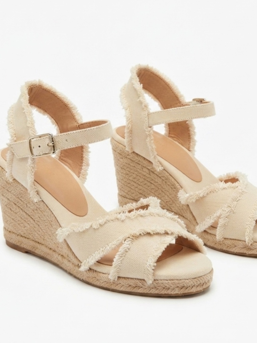 Castaner Womens Peep Toe Platform Frayed Wedge Sandals Beige